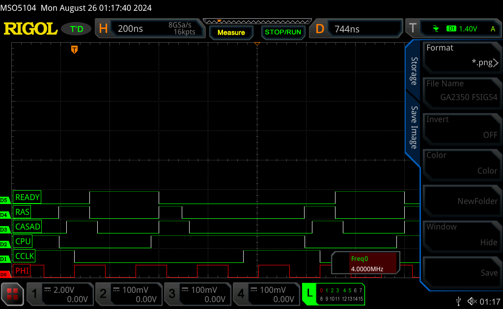 Oscilloscope trace of the 'fixed signals' of an Amstrad gate array being generated by an RP2350 microcontroller.